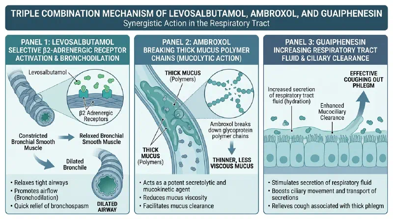 Triple Combination Mechanism: Levosalbutamol, Ambroxol, Guaiphenesin
