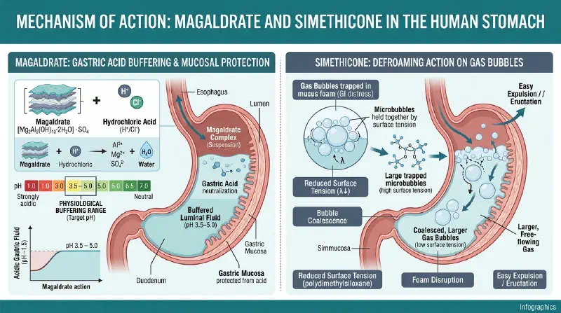 Mechanism of Action: Magaldrate and Simethicone in Stomach