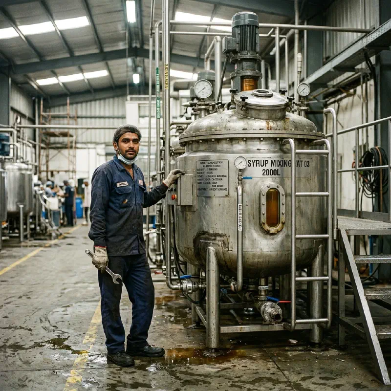 Syrup Mixing Vat and Worker