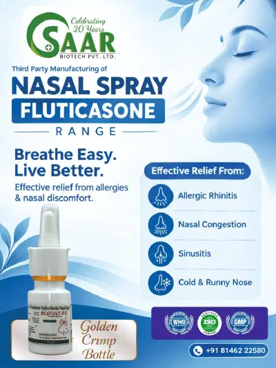Third Party Manufacturing of Nasal Spray Fluticasone Range in Golden Crimp Bottle by Saar Biotech