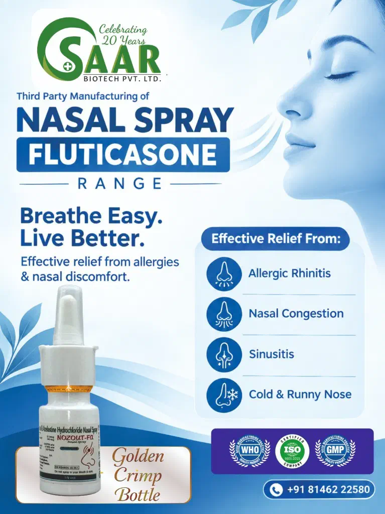 Third Party Manufacturing of Nasal Spray Fluticasone Range in Golden Crimp Bottle by Saar Biotech